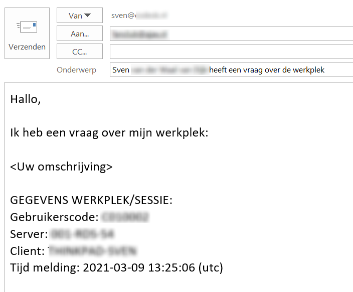 Ingevuld mailtje met supportgegevens